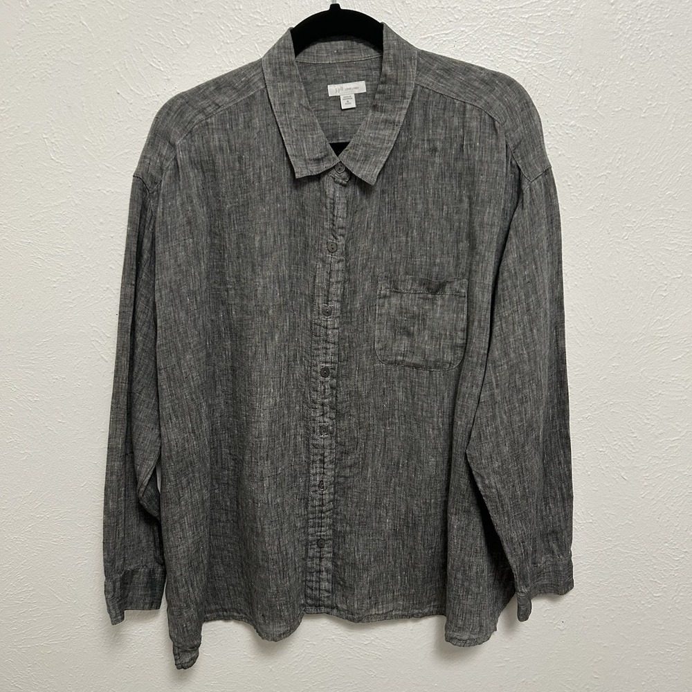 J Jill Love 100% Linen Charcoal Gray Long Sleeve Button Up‎ Shirt Size XL Preppy